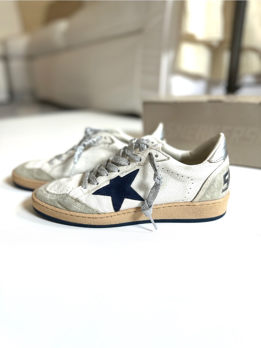 Golden Goose Women’s Ball Star Leather Sneakers with Navy Star Accent - Size 37